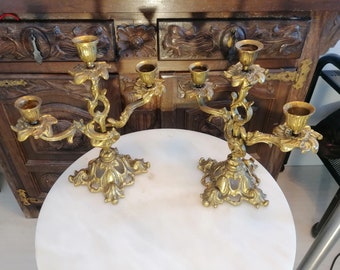 Vergoldeter Bronze Paar Kandelaber Kerzenhalter Jugendstil Florales Design, Frankreich