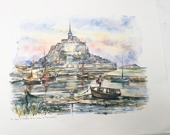Mont Saint-michel and Rocher De Tombelaine Watercolor Painting by