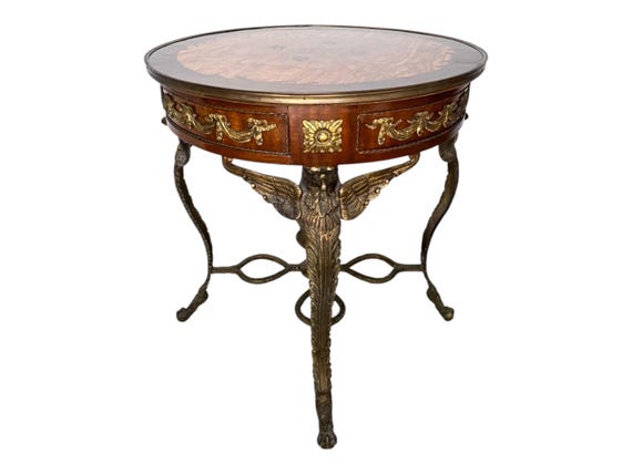 Empire Style Figural Round Woodend Marquetry Inland Gilt Bronze Ormolu Eagle Supports Gueridon Side Coffee Table