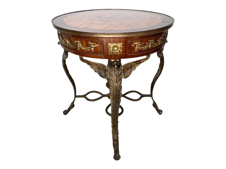 Empirestil Figur Rund Träintarsia Förgylld Brons Ormolu Örnstöd Gueridon Sidobord bild 1