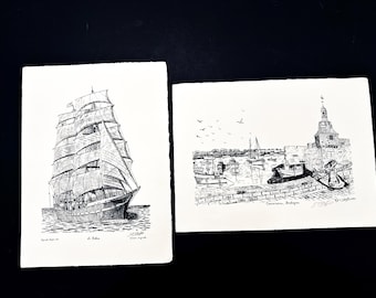 Pair Original Ink Drawings by Gerald Clayton: 'Le Belem' and 'Concarneau, Bretagne' 1990th France