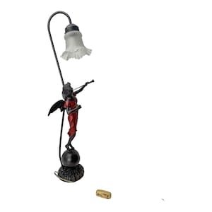 29&quot; Tall Antique Bronze Angel Playing Trumpet Table Lamp Art Nouveau France