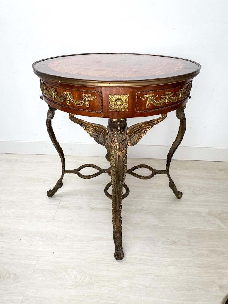 Empirestil Figur Rund Träintarsia Förgylld Brons Ormolu Örnstöd Gueridon Sidobord bild 13