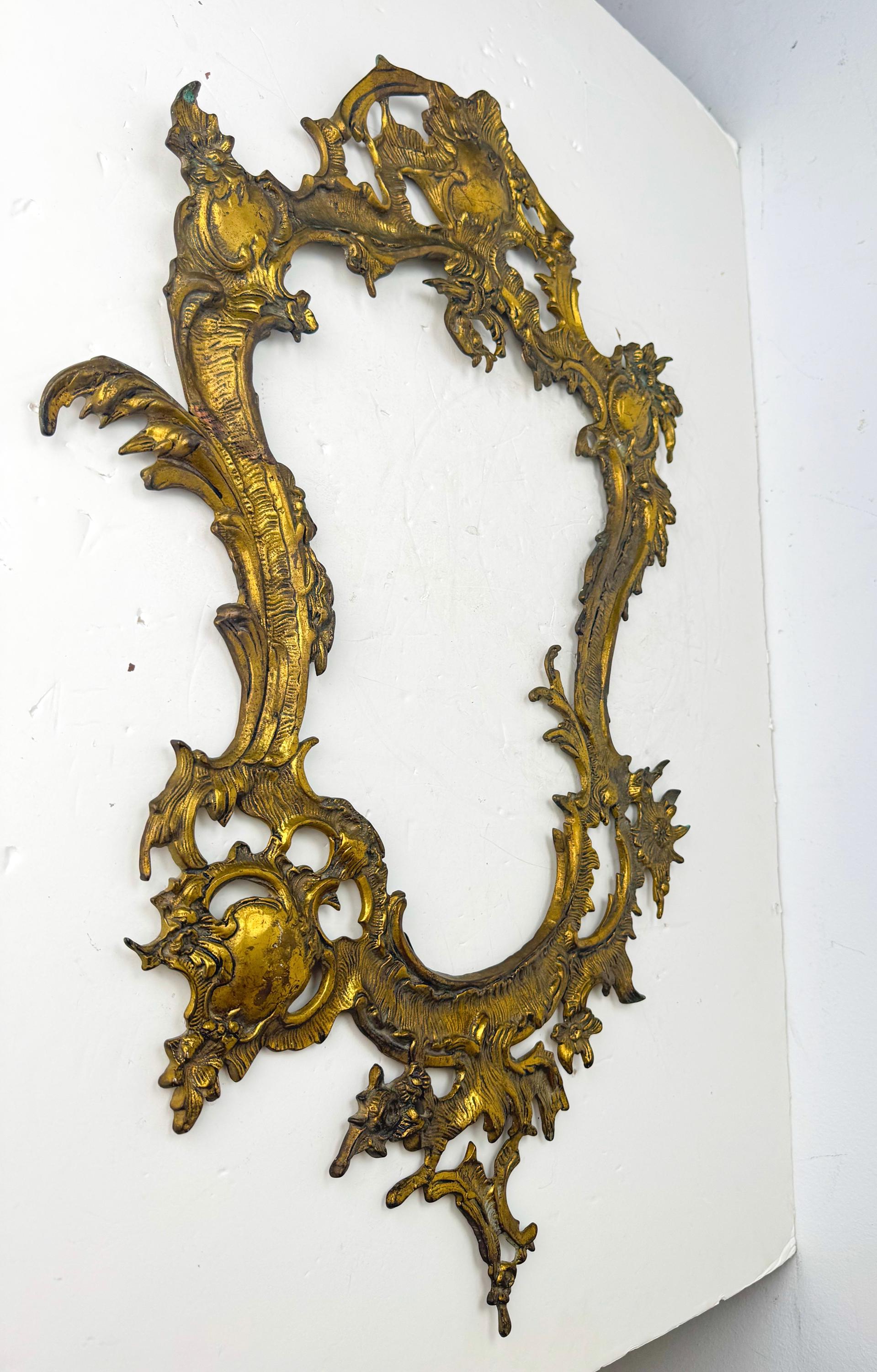 Antique Rococo Gilt Bronze Wall Mirror: Louis XV Floral Decor 19c