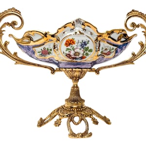 Gilt Bronze Ormolu Pedestal Sevres Style Floral Decor Gilded Porcelain Fruit Bowl Center Piece Limoges France