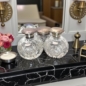 Bohemian Art Deco Trio Vanity Set Hand Cut Crystal Engraved Lidded Alpaca German Silver Czechoslovakia 1930th