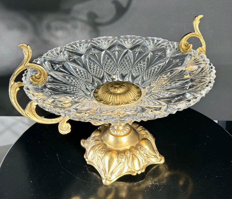 Crystal Cut Fruit Bowl Bronze Ormolu Pedestal Holders Hollywood Regency
