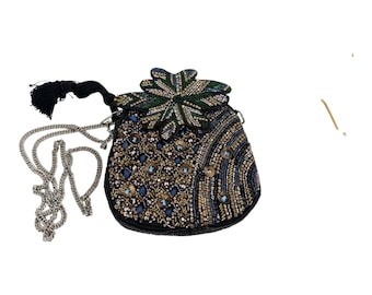 Black Beaded Evening Shoulder Bag Clutch Geometric Floral Decor Strap Chain Spain