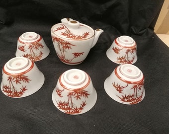 Vintage chinese porcelain tea set teapot and 5 caps vegetal design midcentury