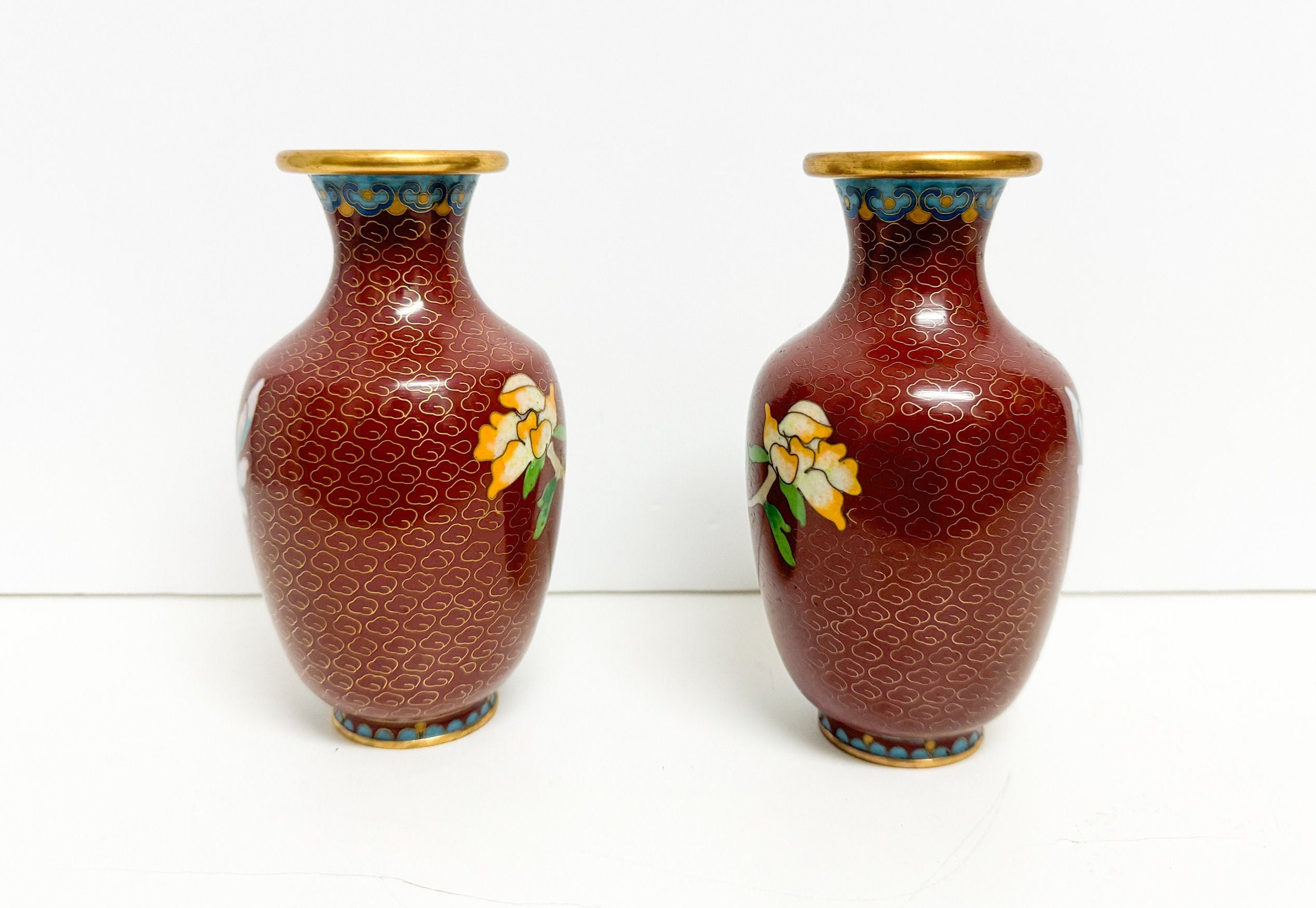 ヴィンテージ 七宝焼き 真鍮 エナメル 中国製 花瓶 花と鳥 20世紀 中国