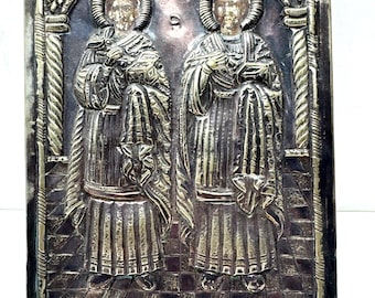 Antique Silver Icon of Saints Cosmas and Damian Greek Russian Orthodox 18c