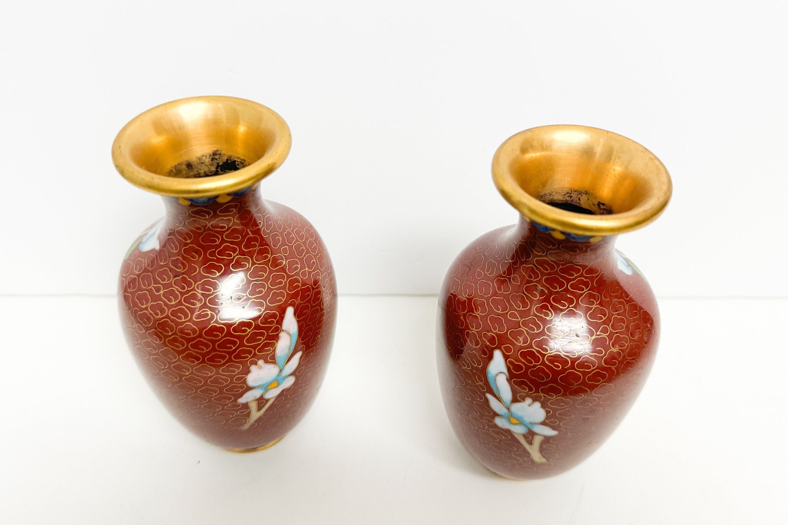 ヴィンテージ 七宝焼き 真鍮 エナメル 中国製 花瓶 花と鳥 20世紀 中国