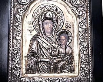 Vintage Greek Orthodox Sterling Silver Repoussé Hand Painted Virgin Mary and Child Icon Wooden Frame