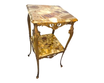 Art Deco Gilt Brass Two Tier Marble Top Shelve Cocktail Coffee Table  20c Italy