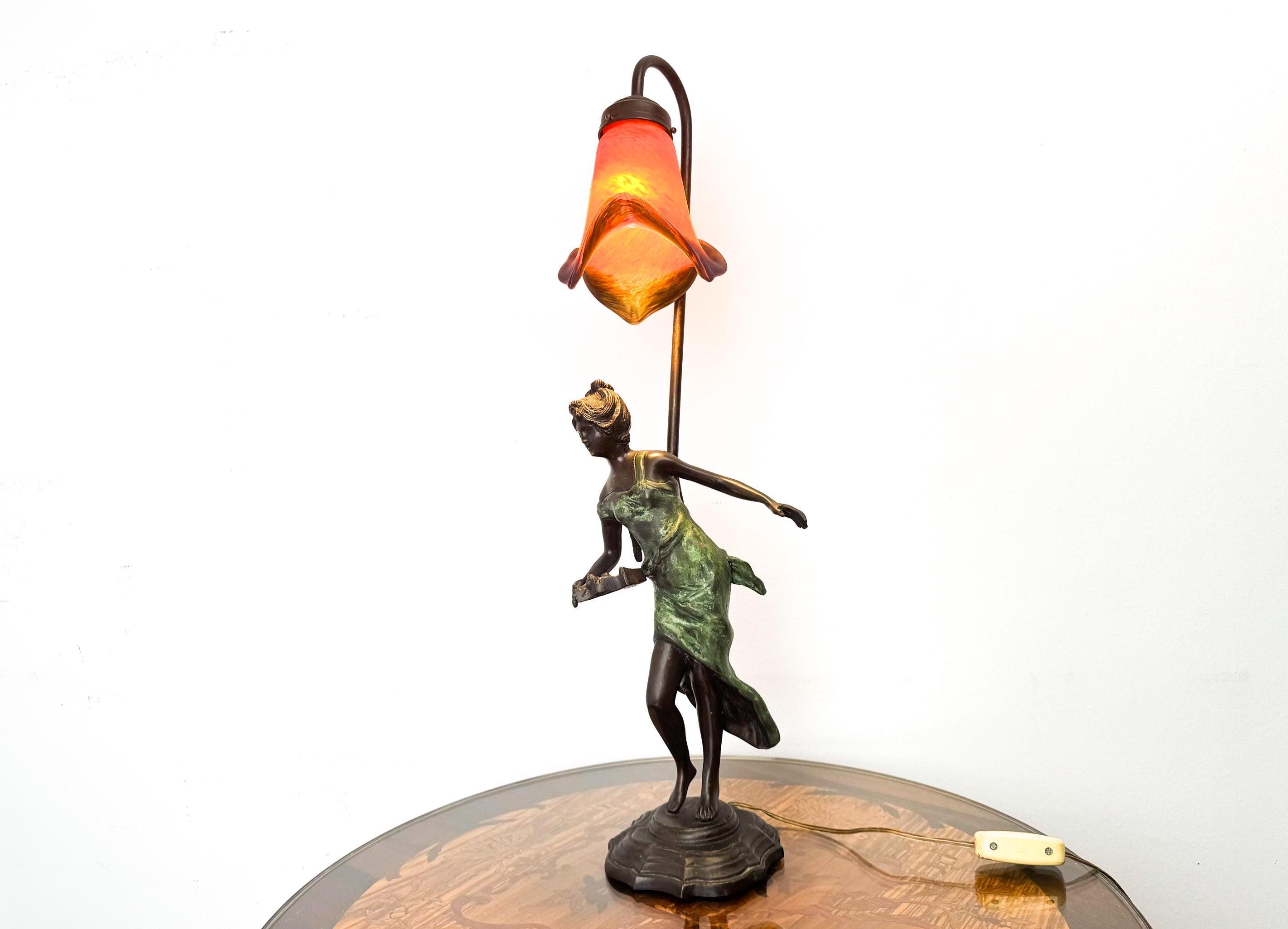25" Bronze Figural Flower Basket Woman Sculpture Pink Glass Shade  Statement Table Lamp Art Nouveau France