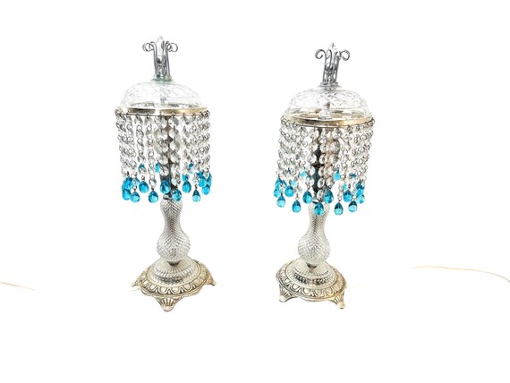 Art Deco Par Beaded Waterfall Glass Metal Pedestal Dressing Table Lamps France