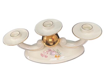 Vintage German Bavaria Porcelain Three-arm Candelabra Floral Decor 1970th