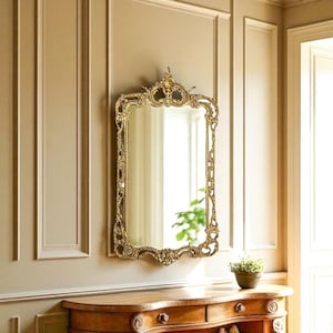Antique 80cm Rococo Style Ornate Gilt Bronze Floral Decor Engraved Mirror Glass Wall Mounted Mirror 20c France