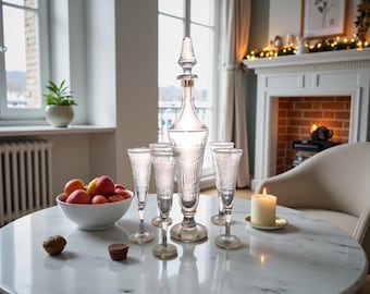 Bohemia Crystal Lidded Decanter Five  Glasses Golden Accent Set