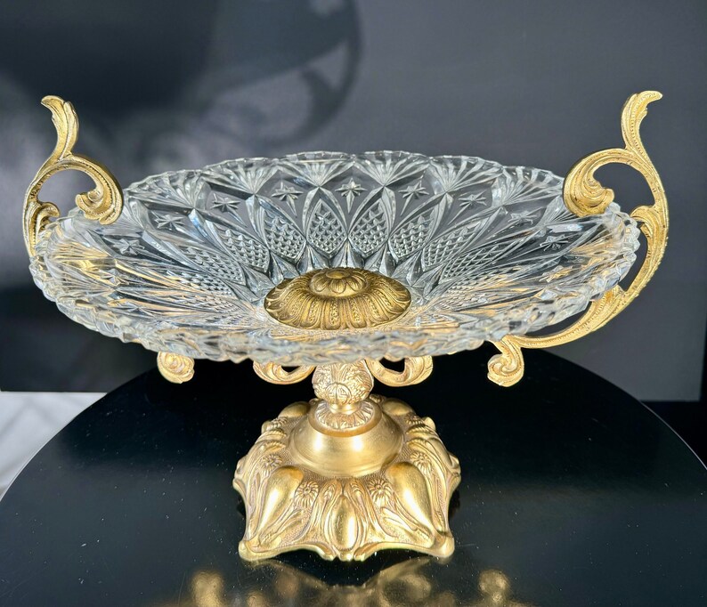 Crystal Cut Fruit Bowl Bronze Ormolu Pedestal Holders Hollywood Regency