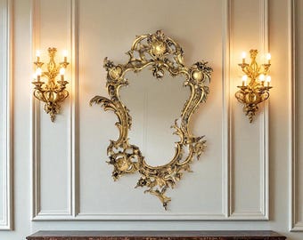Antiker Rokoko Wandspiegel aus Vergoldeter Bronze: Louis XV Blumendekor 19c Frankreich