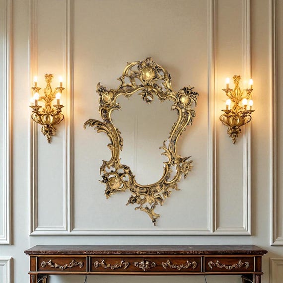 Antique Rococo Revival Gilt Bronze Wall Mirror: Louis XV Floral