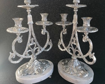Paire de candélabres duo vintage en métal argenté, base en marbre, Art Nouveau
