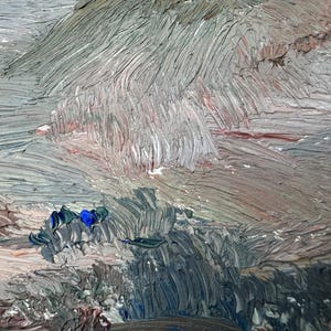 May include: Abstract oil painting with visible brushstrokes in shades of gray, brown, and blue. The textured surface creates a sense of depth and movement, evoking a landscape or atmospheric scene. The artwork is a close-up of the painting.