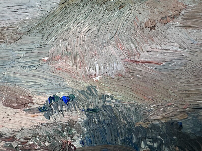 May include: Abstract oil painting with visible brushstrokes in shades of gray, brown, and blue. The textured surface creates a sense of depth and movement, evoking a landscape or atmospheric scene. The artwork is a close-up of the painting.