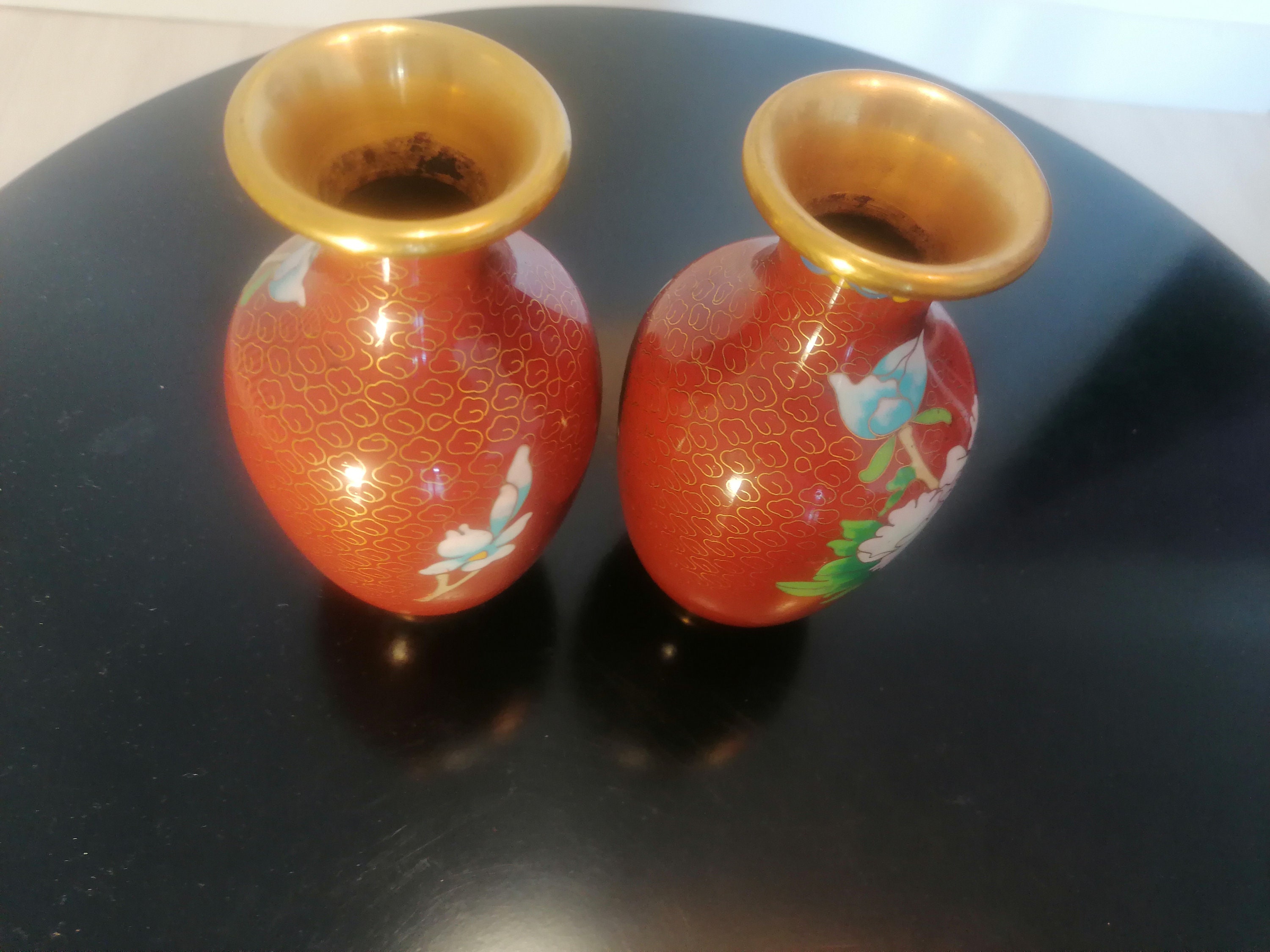 ヴィンテージ 七宝焼き 真鍮 エナメル 中国製 花瓶 花と鳥 20世紀 中国