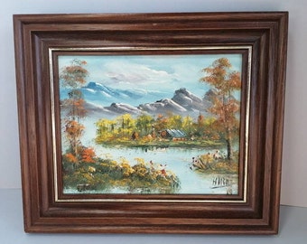 Paisaje de chalet de isla de lago de montaña alpina de otoño, pintura al óleo contemporánea sobre lienzo, marco de madera