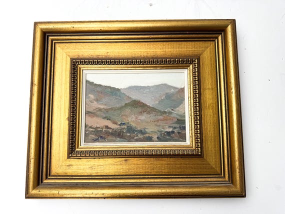 Viñes Pérez Spanish Impressionist Landscape Mountains Oil Canvas Painting Signed Gilt Wooden Frame Midcentury