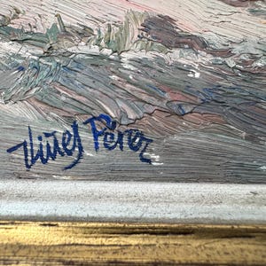 May include: An impressionistic landscape painting with thick brushstrokes in shades of gray, blue, and pink. The artist's signature, "Vi&ntilde;es P&eacute;rez," is visible in blue. The painting is framed in a gold-colored frame.