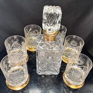 Vintage Bohemia Crystal Whiskey Set: Sterling Silver Base, Decanter & Glasses
