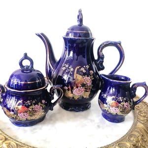 Cobalt Blue Porcelain Tea Coffee  Trio Set Fenix Bird Flower Design  Golden Rim  1980th Vintage Japan