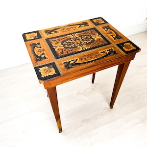 Antique Italian Marquetry Wood Inlay Coffee Table Jewel Chest Costurero Carved Legs Early 20c