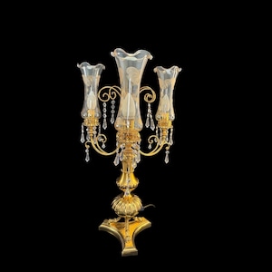 27&quot; Large Statement Hollywood Regency Gilt Bronze Crystal Cut Tears Beige Engraved Floral Decor Glass Shades Candelabra Midcentury Italy