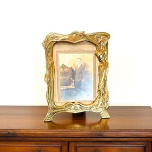 Art Nouveau Gilt Bronze Table Photo Frame Floral Decor People France