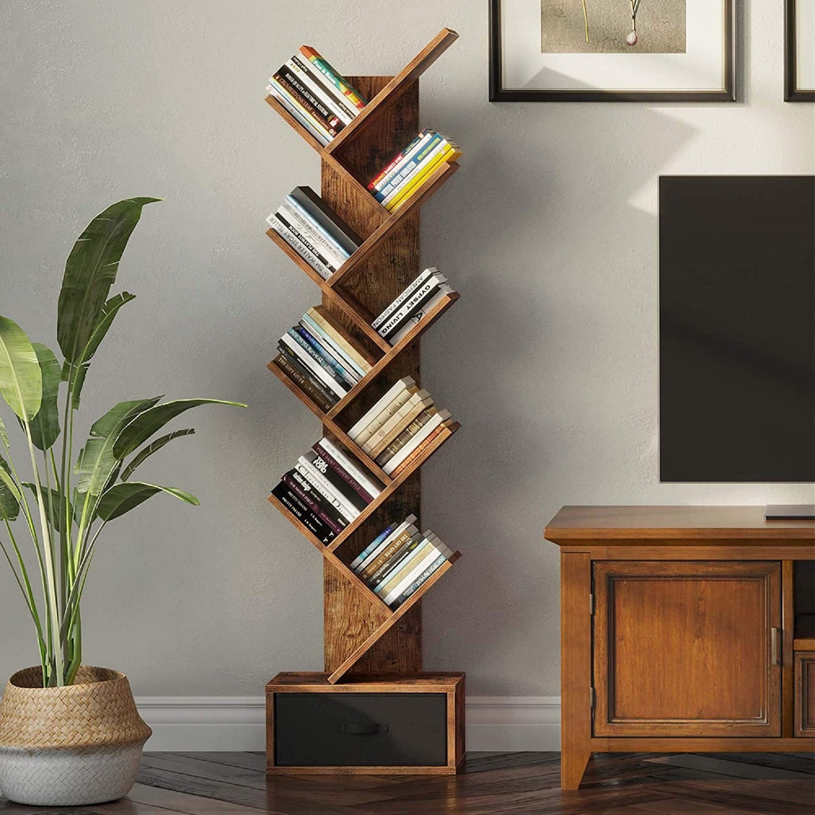 Corner Bookshelf With Drawer Retro Tree Book Case 8 Shelf Etsy