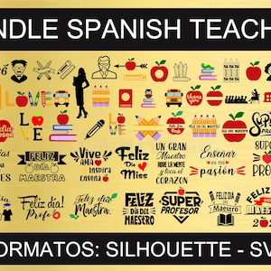 Op de afbeelding: Een verzameling Spaanse leraren-thema graphics, waaronder appels, potloden, schoolbussen en tekstzinnen zoals "Feliz Día Maestra". Het ontwerp is in zwart en goud, met de woorden "BUNDLE SPANISH TEACHER" bovenaan.