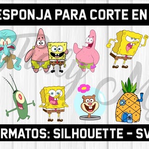 May include: A collection of cartoon character illustrations, including SpongeBob SquarePants and friends, in various poses. The image includes the text "BOB ESPONJA PARA CORTE EN VINIL" and "FORMATOS: SILHOUETTE - SVG".