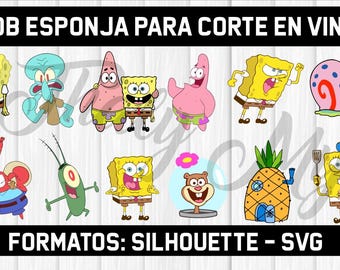 May include: A collection of cartoon character illustrations, including SpongeBob SquarePants and friends, in various poses. The image includes the text "BOB ESPONJA PARA CORTE EN VINIL" and "FORMATOS: SILHOUETTE - SVG".
