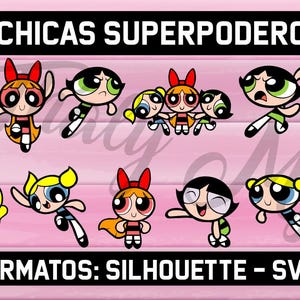 Puede incluir: Un fondo rosa presenta múltiples imágenes de dibujos animados de Las Supernenas. El texto "LAS CHICAS SUPERPODEROSAS" está en la parte superior, con "FORMATOS: SILHOUETTE - SVG" en la parte inferior. Los personajes están en varias poses.