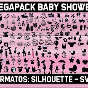 Op de afbeelding: Een roze achtergrond met een verzameling zwarte silhouetten met babymotieven. De afbeelding bevat kinderwagens, babyflessen, voetafdrukken en de tekst "MEGAPACK BABY SHOWER". De tekst "FORMATOS: SILHOUETTE - SVG" is ook aanwezig.