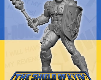 May include: A gray plastic miniature figure of a superhero holding a spiked mace and a shield with the Ukrainian coat of arms. The figure is standing on a yellow and blue background with the text "The Shield of Kyiv: Citizen Hero" and "Copyright © 2022 Steven Butler".