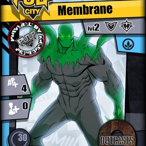 Peut inclure: Une carte de personnage de super-h&eacute;ros verte et grise avec le texte "PULP CITY SPEEDER Membrane" et "Powered by Pulp City Power". Le personnage est de niveau 2 et poss&egrave;de un bouclier, une &eacute;p&eacute;e et un symbole de plante. La carte a un fond vert et gris avec une bordure noire.