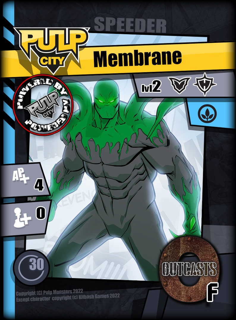 Peut inclure: Une carte de personnage de super-h&eacute;ros verte et grise avec le texte "PULP CITY SPEEDER Membrane" et "Powered by Pulp City Power". Le personnage est de niveau 2 et poss&egrave;de un bouclier, une &eacute;p&eacute;e et un symbole de plante. La carte a un fond vert et gris avec une bordure noire.