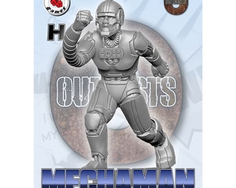 May include: A gray, metallic, robot figure with a helmet and a futuristic design. The figure is standing with one leg forward and is holding its arm out. The figure is labeled "Mechaman" and is part of the "Outcasts" collection.