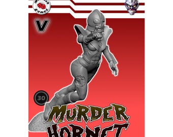 May include: A gray 3D rendering of a female figure in a futuristic suit, pointing forward. The image features the text "MURDER HORNET" in gold lettering, a "V" symbol, and a logo with the text "Kitbash Games". The background is red.