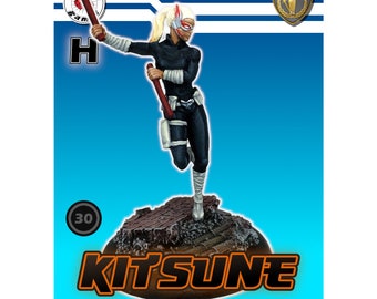 May include: A painted miniature figurine of a female character in a black and white outfit, holding a red staff. The character has blonde hair and is wearing a white mask with red accents. The figurine is standing on a broken stone base. The background is blue with white stripes. The text "Kitsune" is written in orange letters below the figurine. The text "Painted by Ten NoBushi" is written below the text "Kitsune". The text "Copyright © 2023 Kitbash Games" is written below the text "Painted by Ten NoBushi".